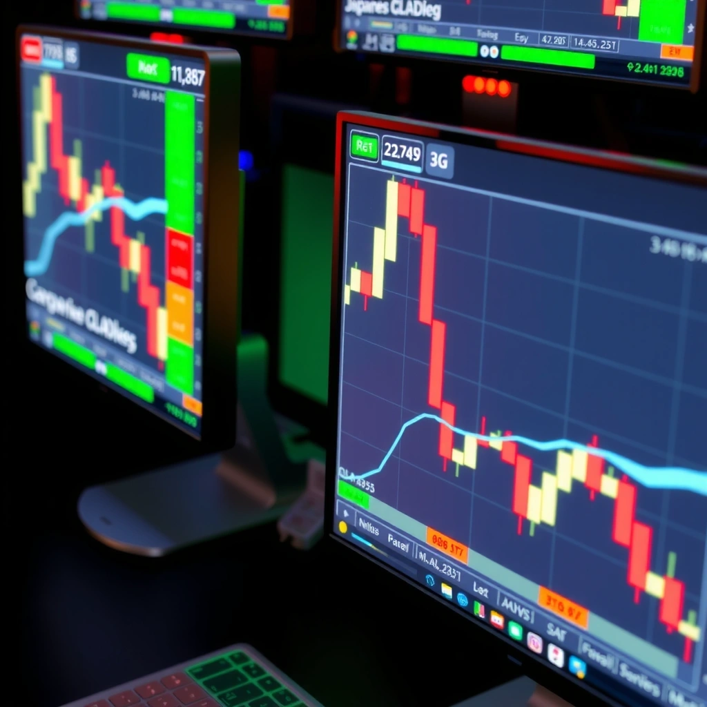 Interfaz de trading con gráficos de velas japonesas y datos financieros en tiempo real